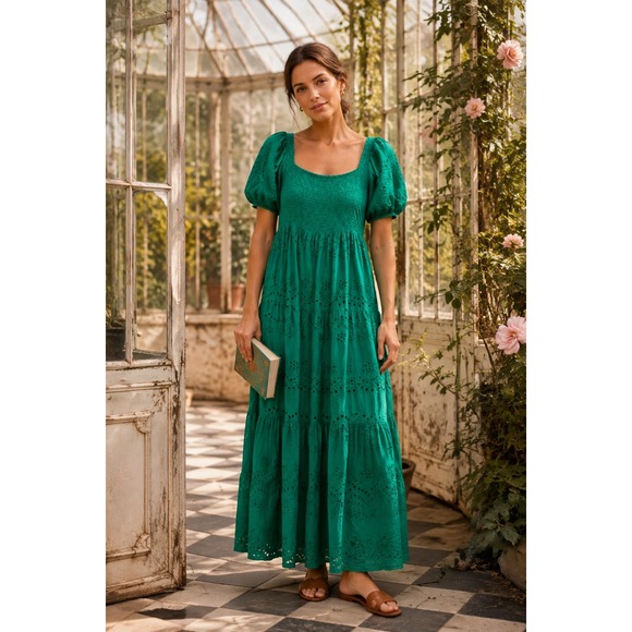 Unbranded Dresses & Skirts - Eyelet Maxi Dress Women Est Size M Green Cotton Tiered Smocked Puff Sleeve Boho